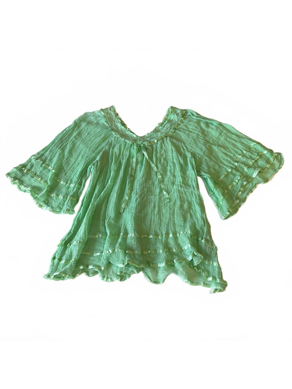 Bohemian Angel Sleeve Gauze Top Crochet & Ribbon Detail Bell Sleeves and Ruffles